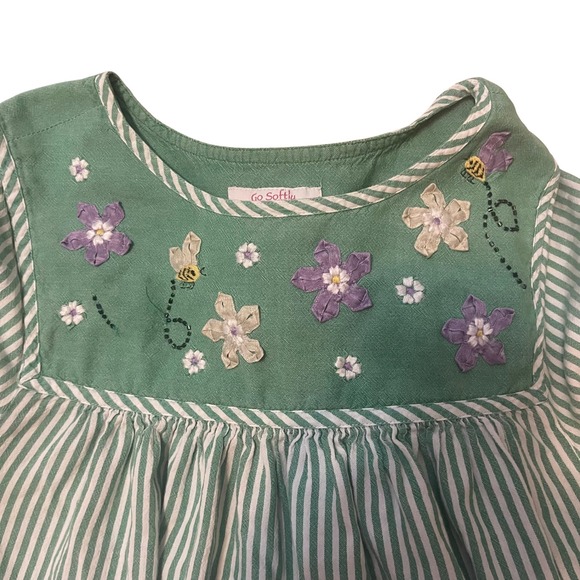 Vintage Go Softly Floral Bee Embroidered Dress Medium Green Striped Cottagecore - Picture 3 of 5